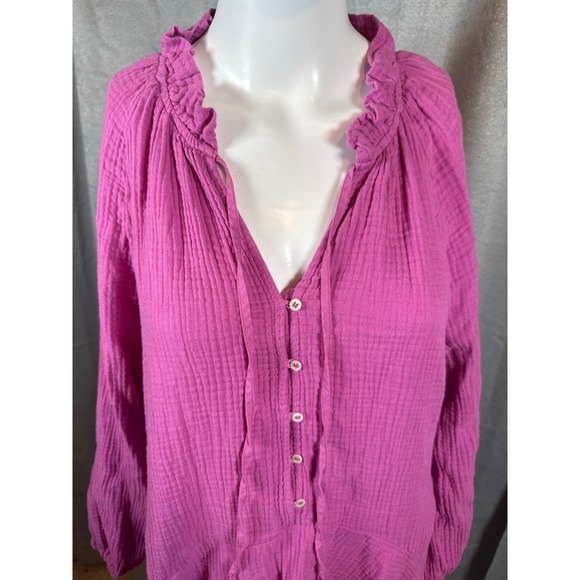 Magaschoni Pink Gauze Tunic Dress Ruffle 100% organic cotton Front Long Sleeve M